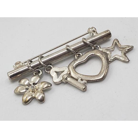 Vtg Silver Tone Charm Brooch Pin Flower Rhinestone Key Heart Star Dangle Costume - Picture 8 of 10